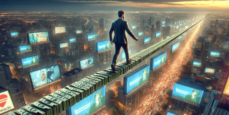 a man walking a tightrope made of cash over a cityscape filled with digital billboards