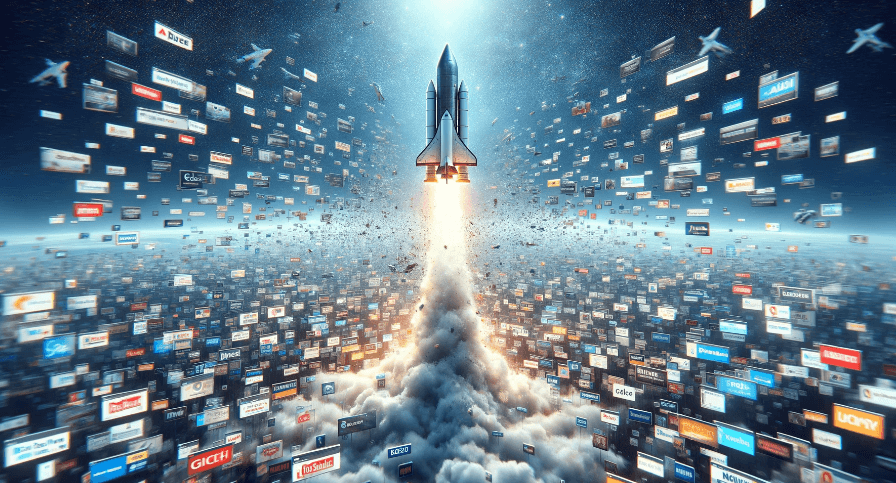 a rocket launching into a sky filled with digital advertisements 