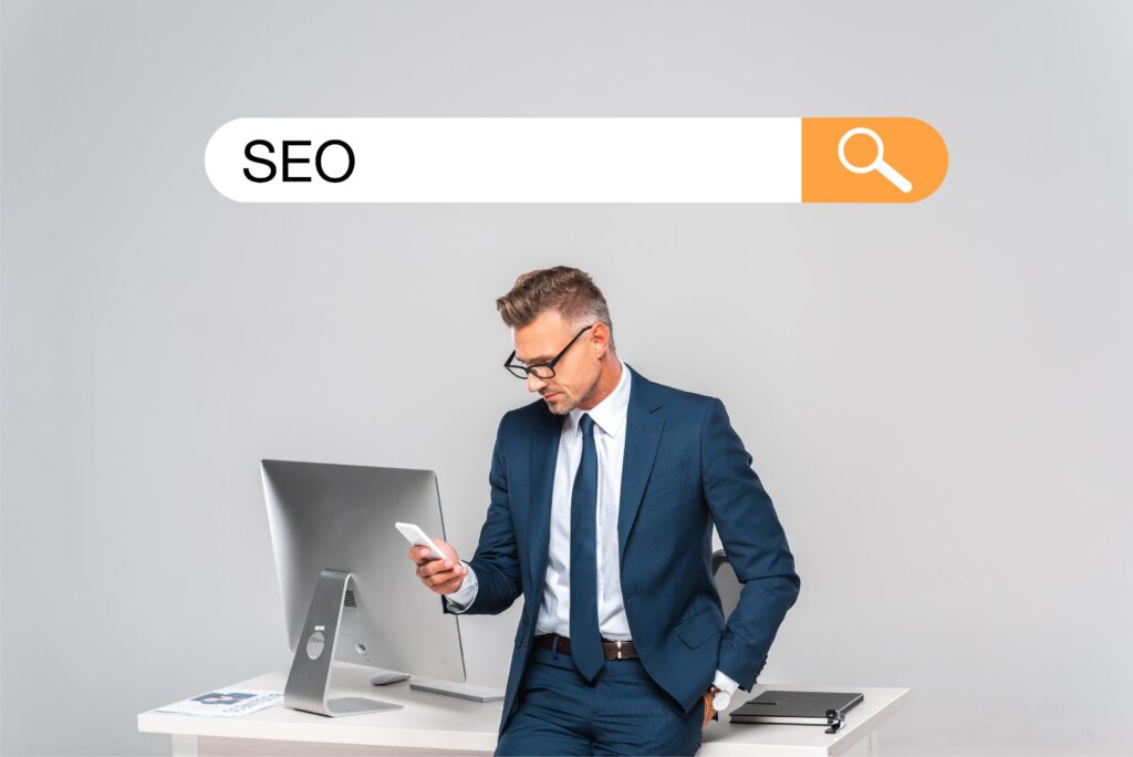 Professional Man in Office with Search Bar Graphic